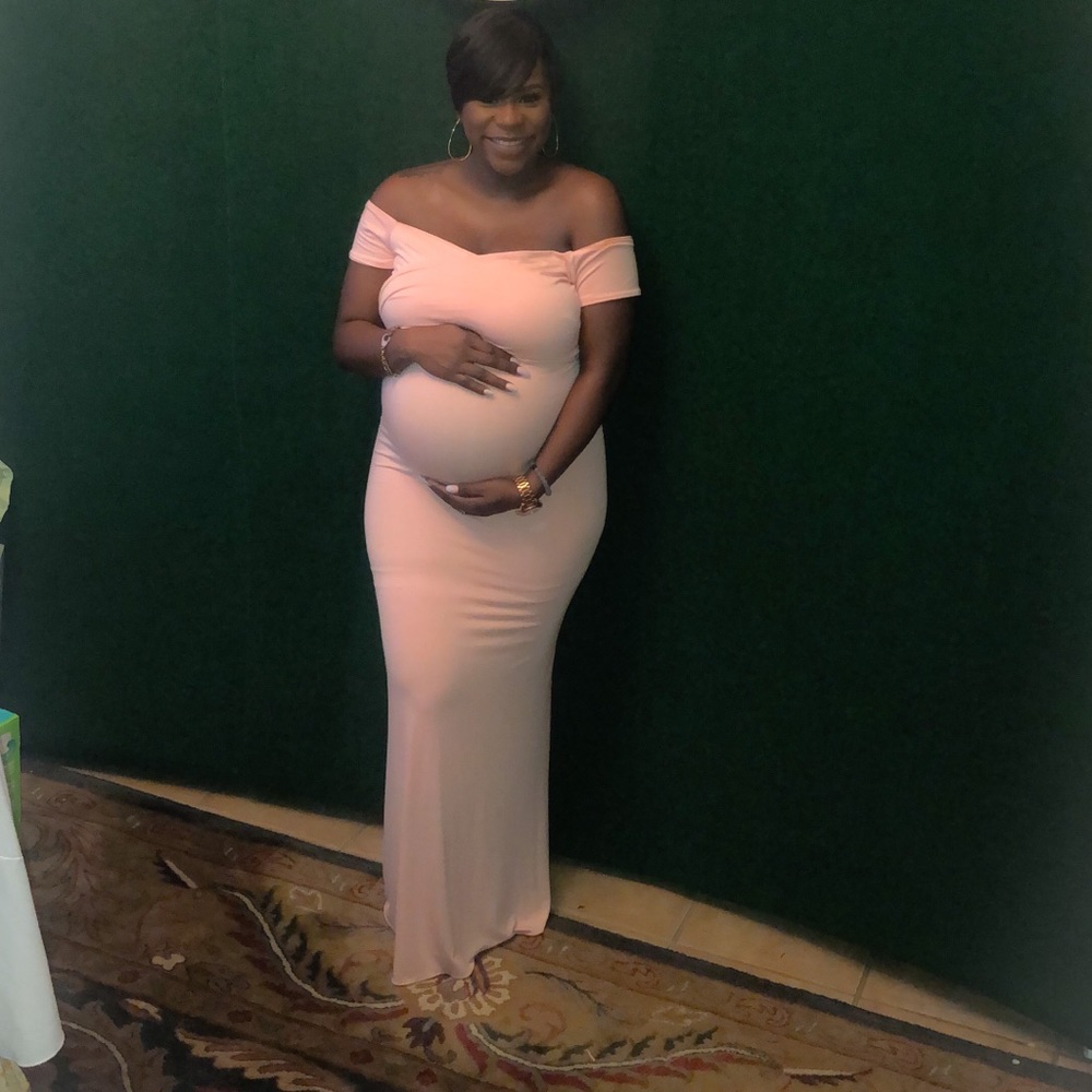 Blush pink maternity off the shoulder dress